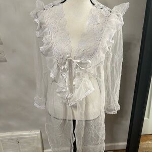 Sheer White Lace-Trim Robe with Tie Front